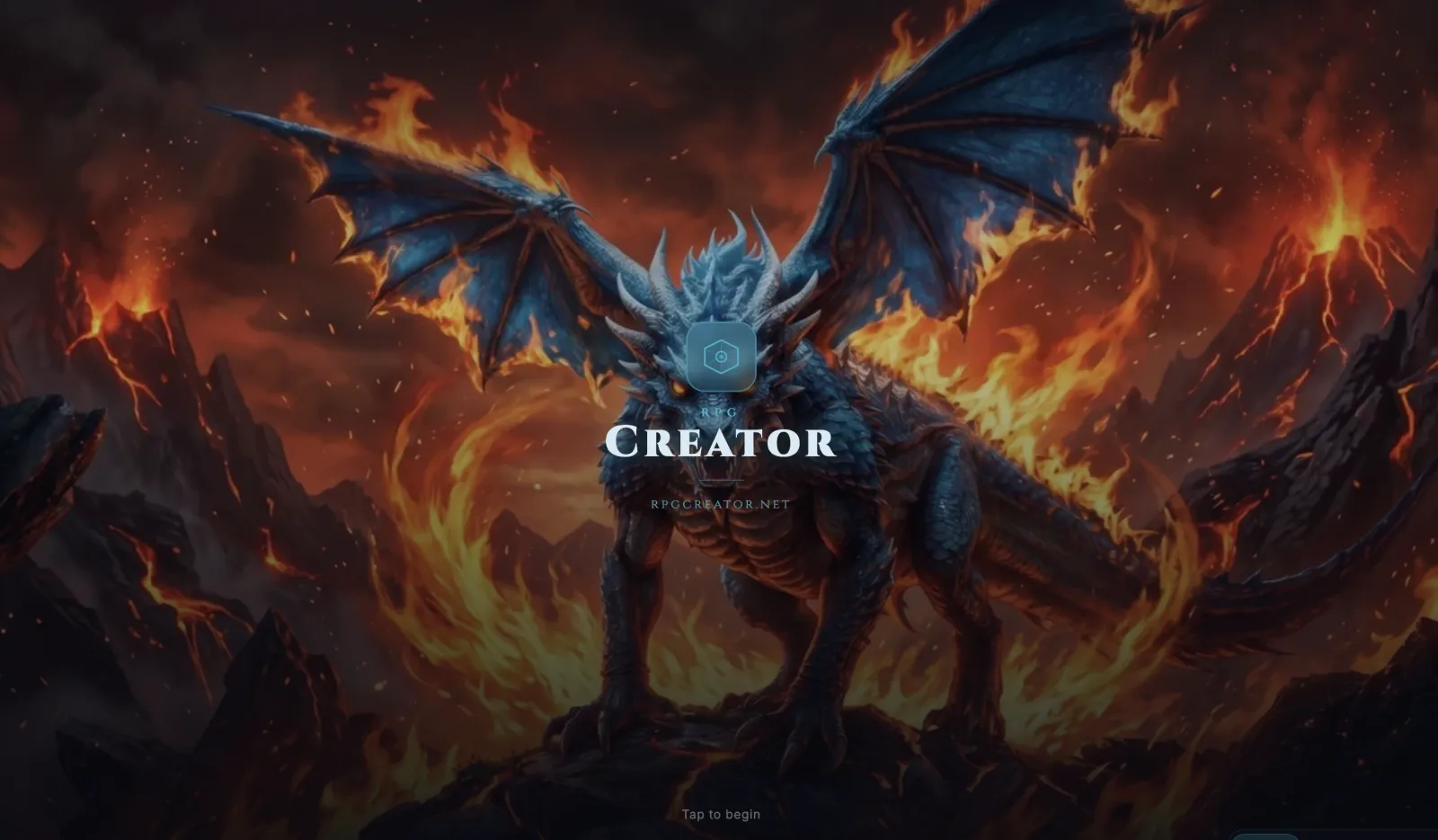 RPG Creator — a blue dragon on a burning mountainside, the app's opening screen