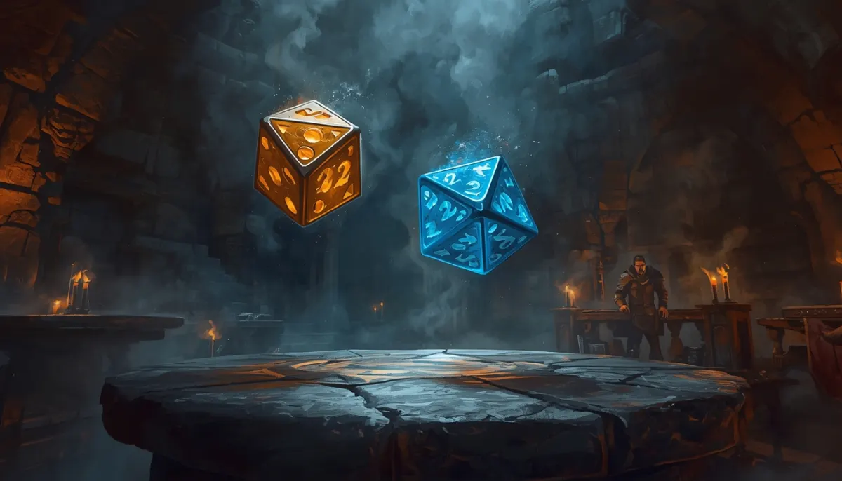 Two glowing dice, one gold and one blue, hang above a stone table in a candlelit dungeon