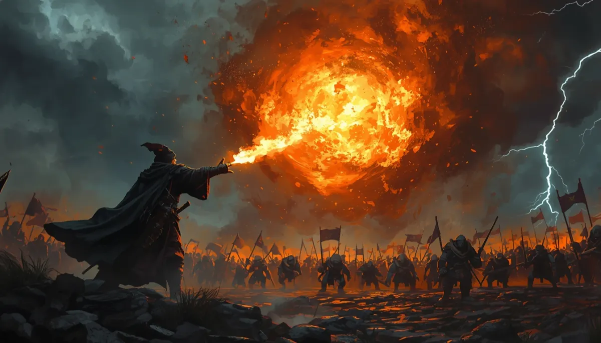 A cloaked wizard on a rocky ridge throws a huge ball of fire over a goblin warband while lightning splits the sky behind them