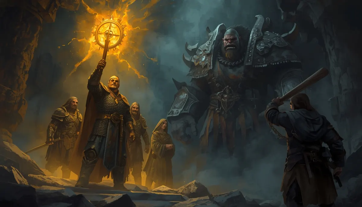 A cleric in chain mail lifts a blazing holy symbol over three allies while an armoured ogre looms out of the dark and a rogue raises a club