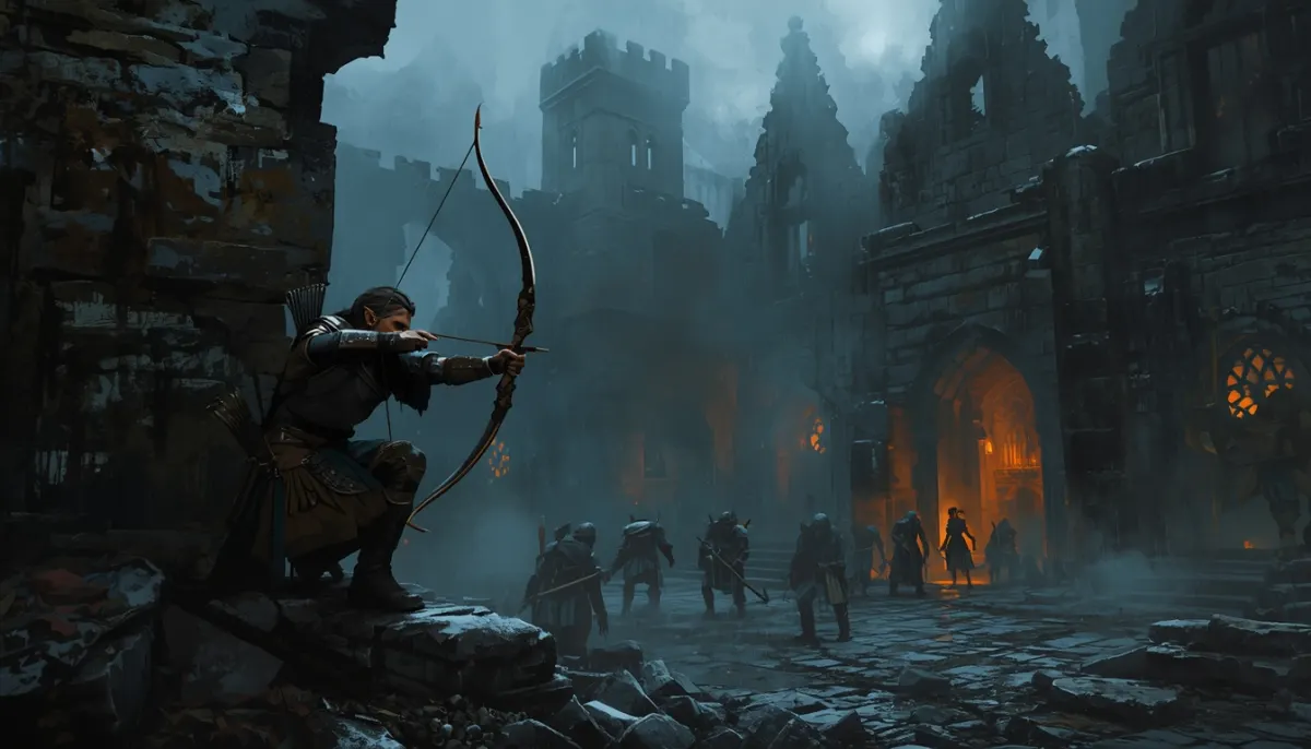 An elf archer crouches by a broken stone wall in a ruined keep, drawing a longbow on armoured figures across a misty courtyard