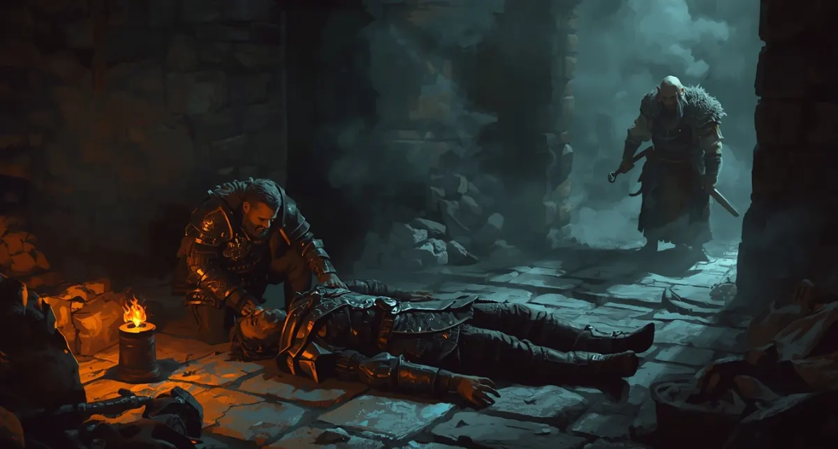 A wounded fighter lies on a torchlit dungeon floor while a companion kneels beside them and a raider with a blade walks out of the mist