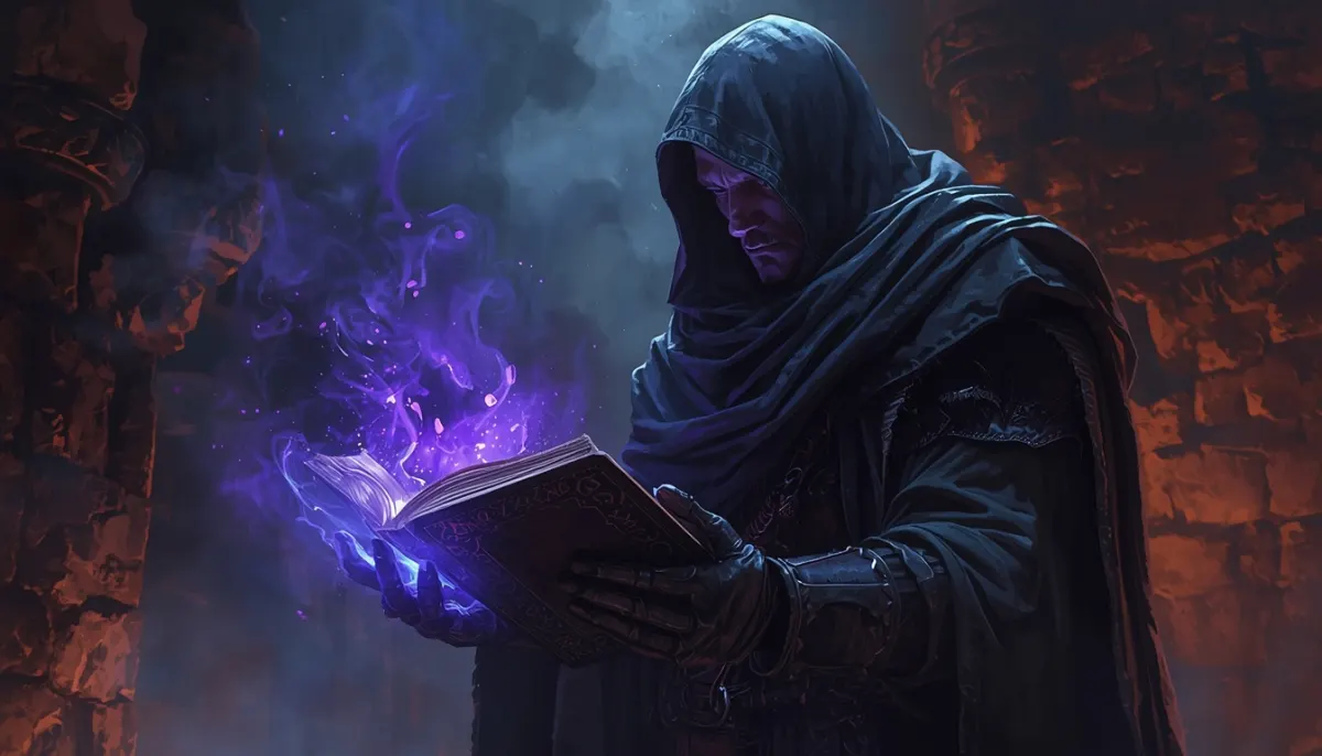 A hooded warlock in gauntlets reads a book that pours violet eldritch smoke over one hand, between red-lit stone walls