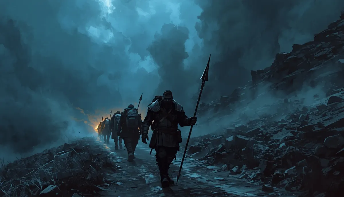 A line of armoured adventurers trudges up a wet mountain road under storm clouds, the leader leaning on a spear