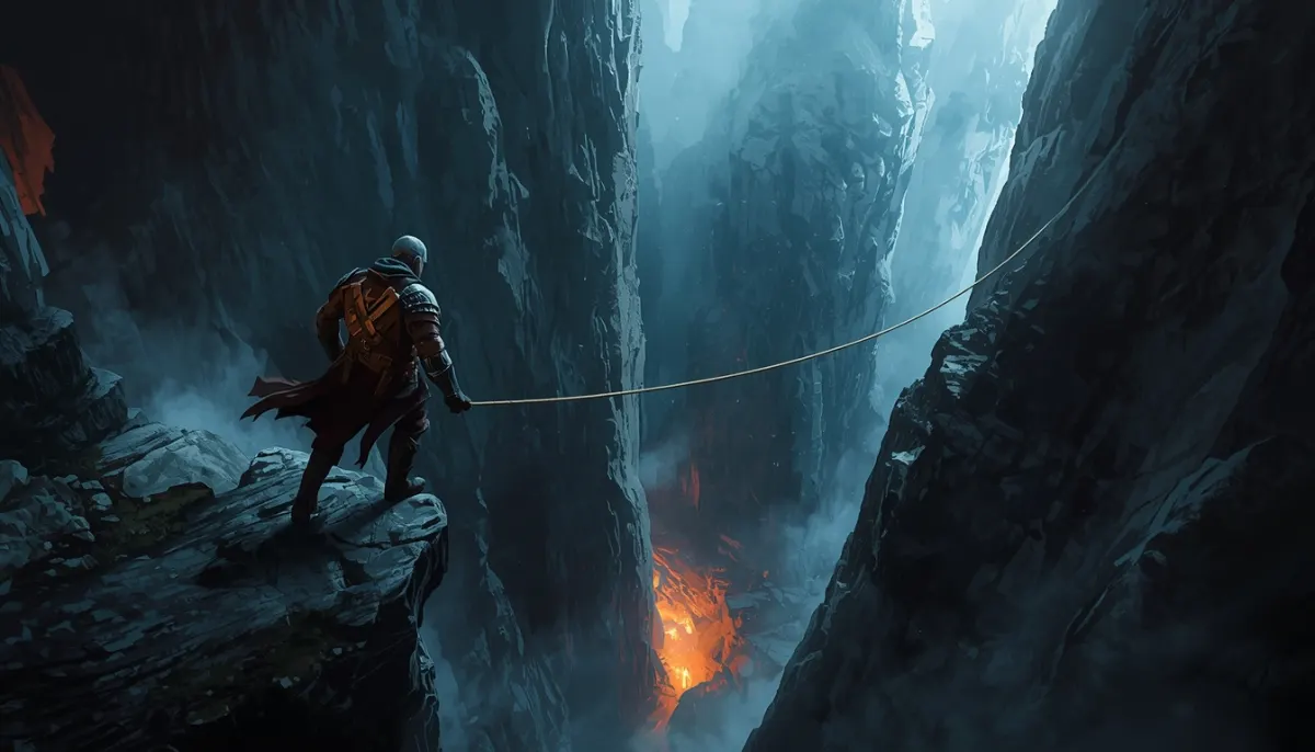 An armoured adventurer stands on a rock ledge above a deep chasm, holding a rope strung across to the far wall, fire glowing far below