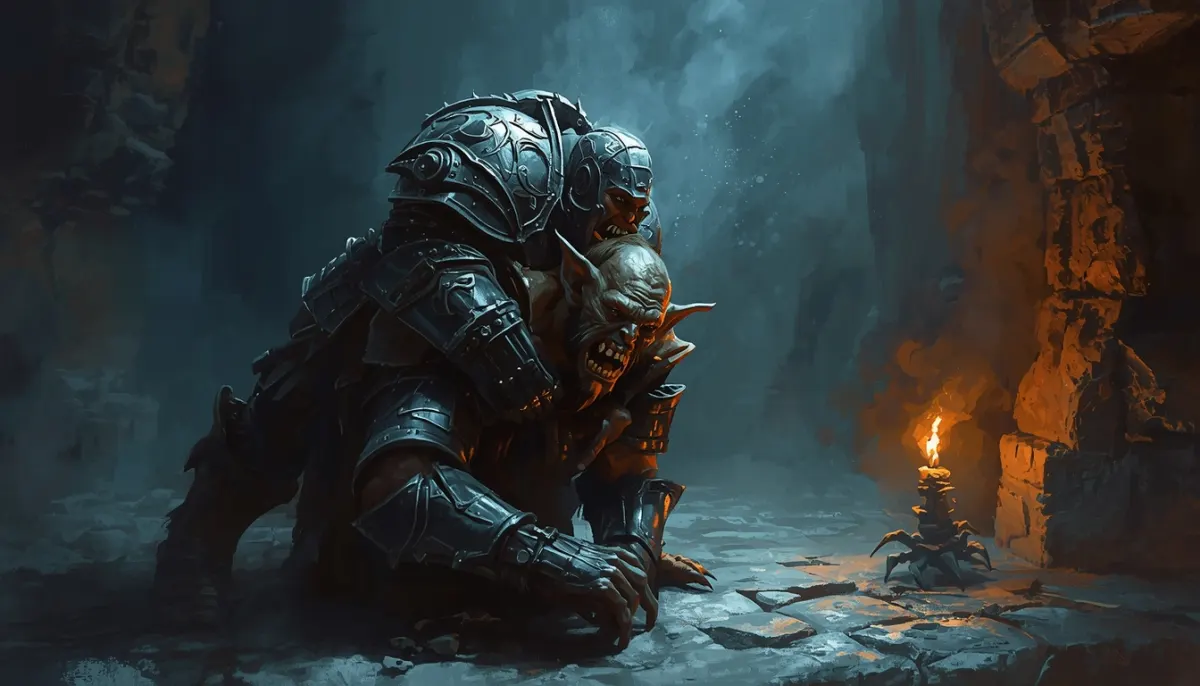 An armoured fighter wrestles a snarling goblin to the stone floor of a dungeon, lit by one candle