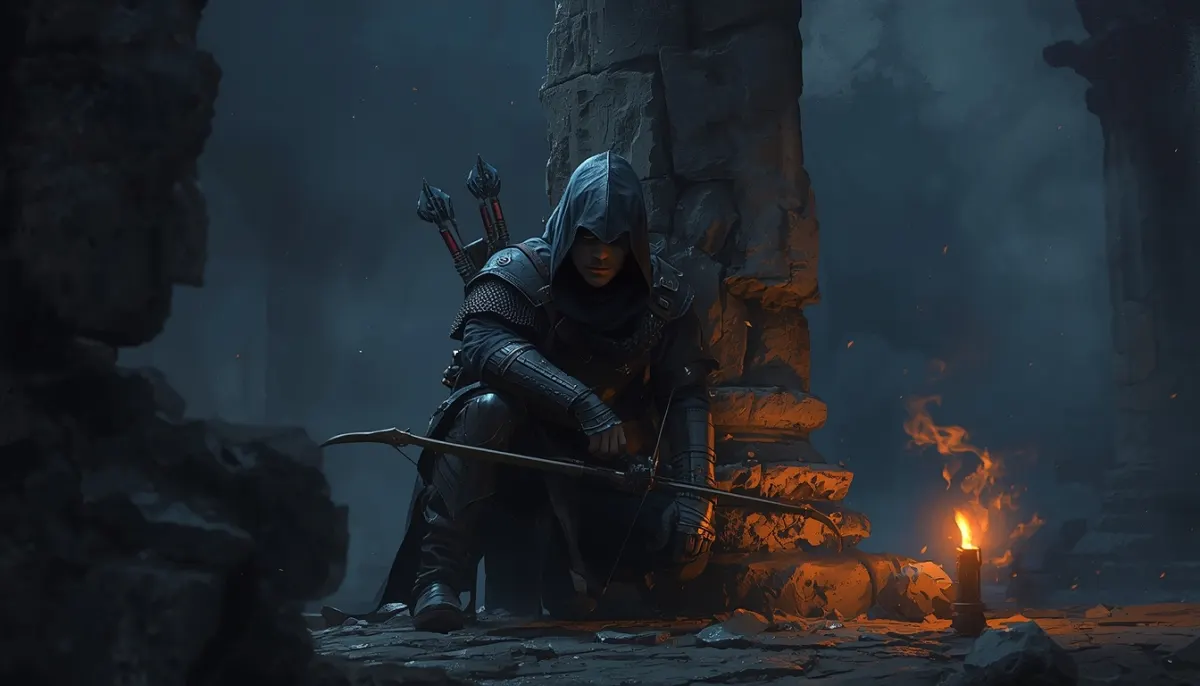 A hooded rogue crouches beside a broken pillar in a ruin, a bow across one knee and a single candle burning