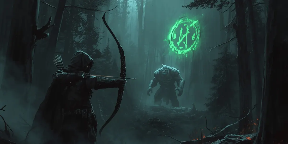 A hooded ranger in a misty forest draws a longbow at an ogre, a glowing green rune hanging in the air above it
