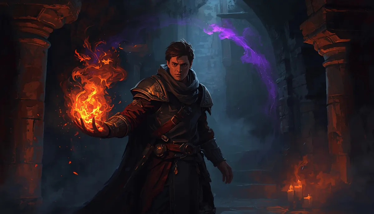 A young sorcerer in a dark stone hall holds a ball of fire in one hand while a violet stream of magic curls past the pillars behind