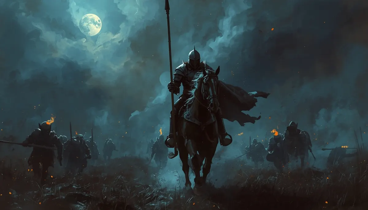 An armoured knight on a dark horse rides across a moonlit field holding a lance upright, foot soldiers with spears closing in on both sides
