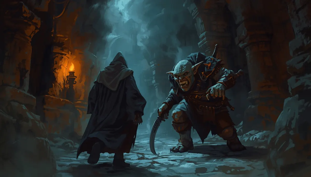 A hooded figure walks away down a torchlit dungeon corridor as a grinning goblin lunges after it with a curved scimitar