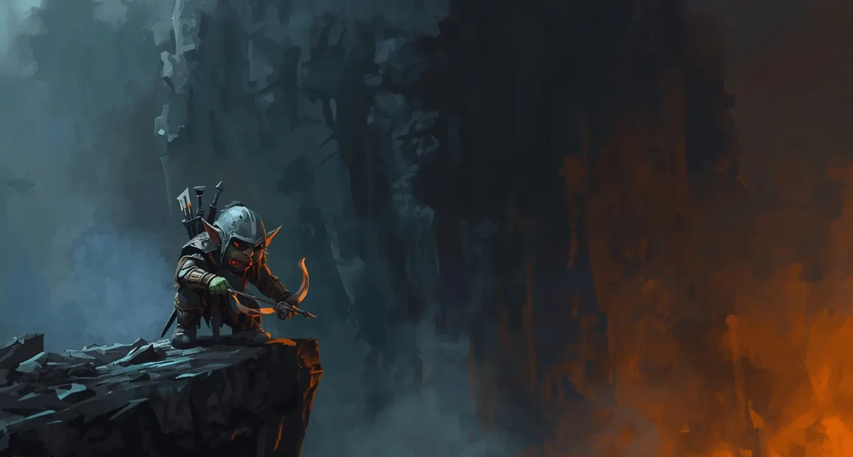 A goblin crouched on a rock ledge with a bow, firelight below