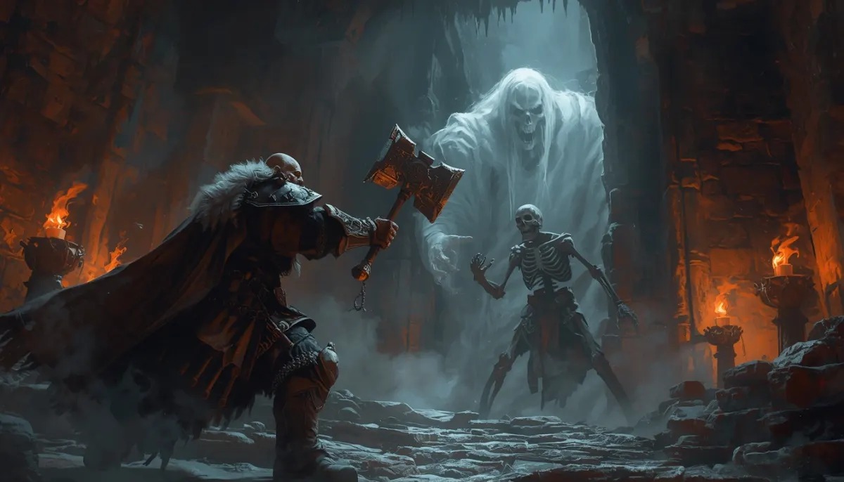 A fighter swings a warhammer at a skeleton warrior in a crypt while a pale ghost drifts through the stone wall behind them