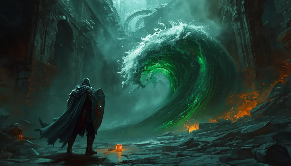 A cloaked adventurer with a shield faces a wave of green fire rolling through a ruined hall, a lone die glowing on the floor