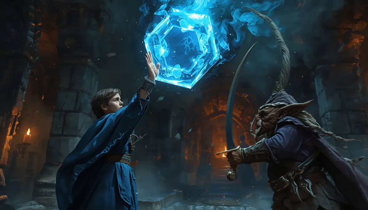 A young wizard in blue robes raises one hand and a glowing hexagon of force blocks a goblin's curved sword in a torchlit dungeon