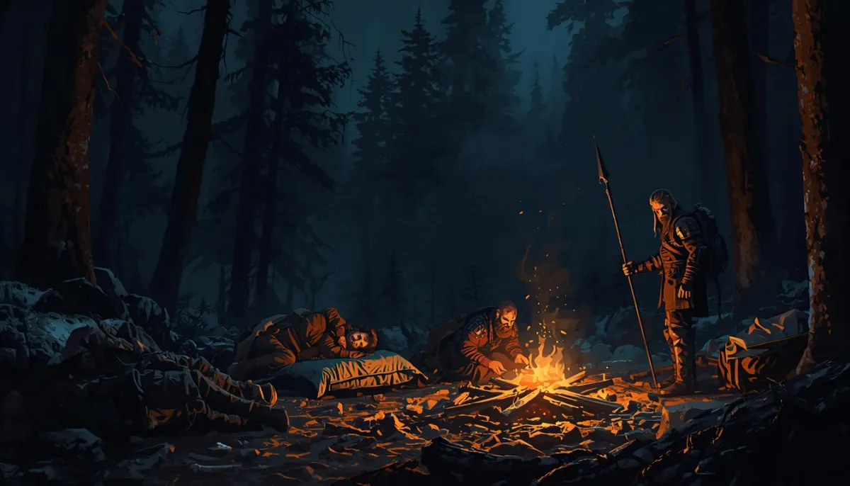 Two adventurers sleep by a campfire in a dark forest while a third tends the flames and a fourth keeps watch with a spear