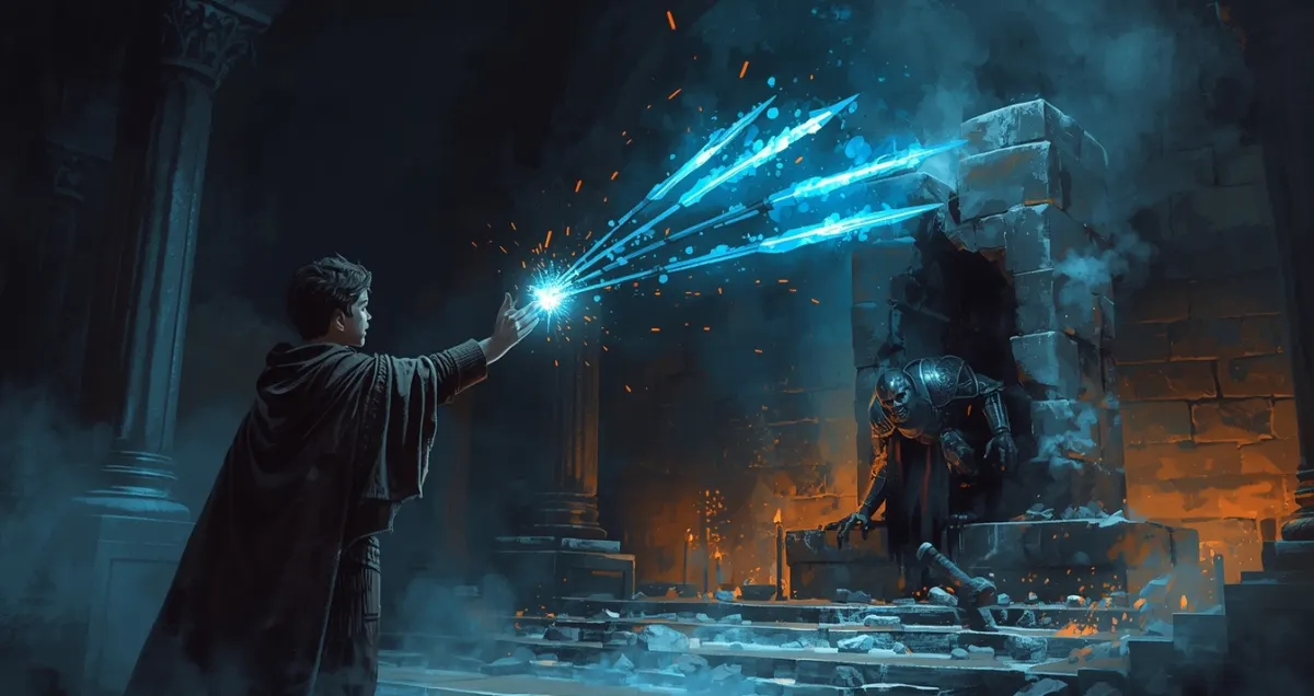 A young wizard in a dark stone hall throws four glowing blue darts of light at an armoured figure crouched behind a broken pillar