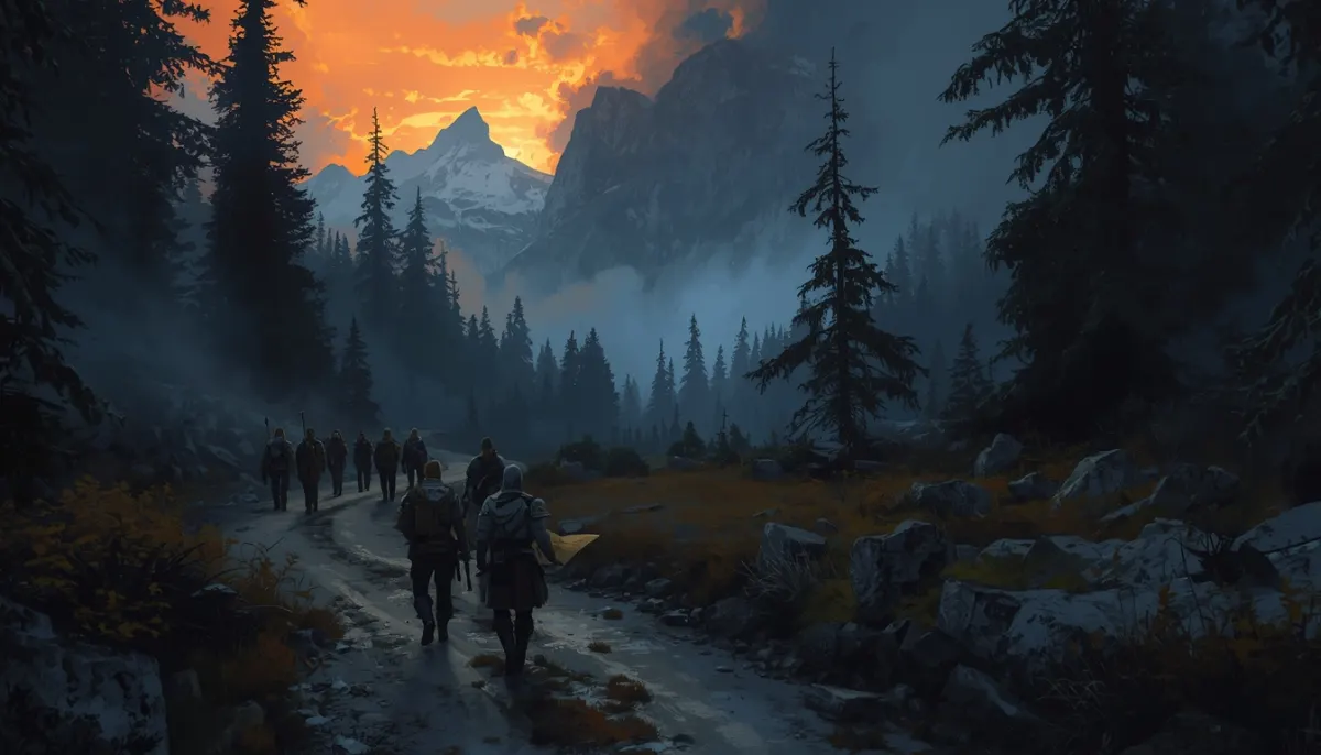 A party of adventurers walks a wet dirt road through a pine valley at dawn, one holding a map, snow peaks glowing orange beyond