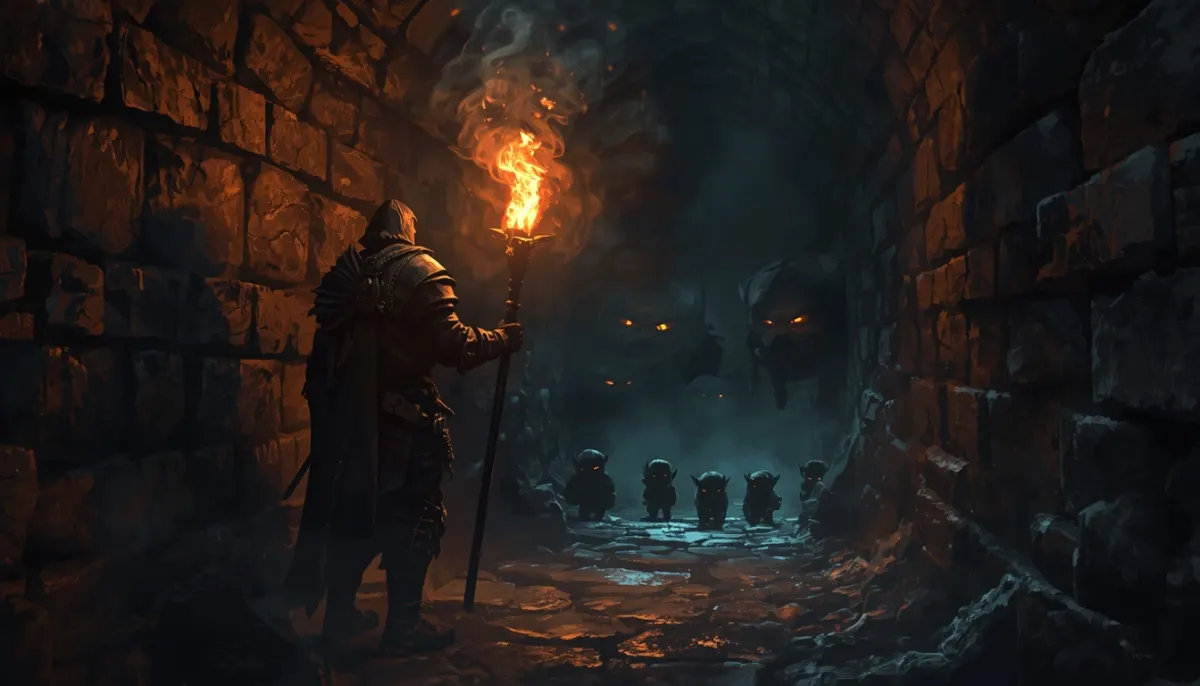 An adventurer holds a burning torch in a stone corridor while a row of goblins waits in the dark beyond the firelight, eyes glowing