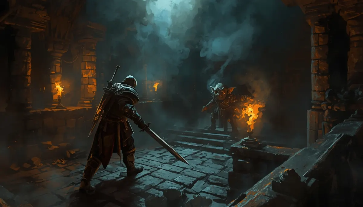 An armoured fighter with a drawn sword steps across a torchlit dungeon floor toward a crouching goblin