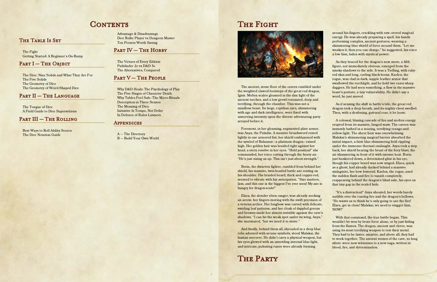 The contents page beside The Fight, the cold open: five adventurers against an ancient red dragon