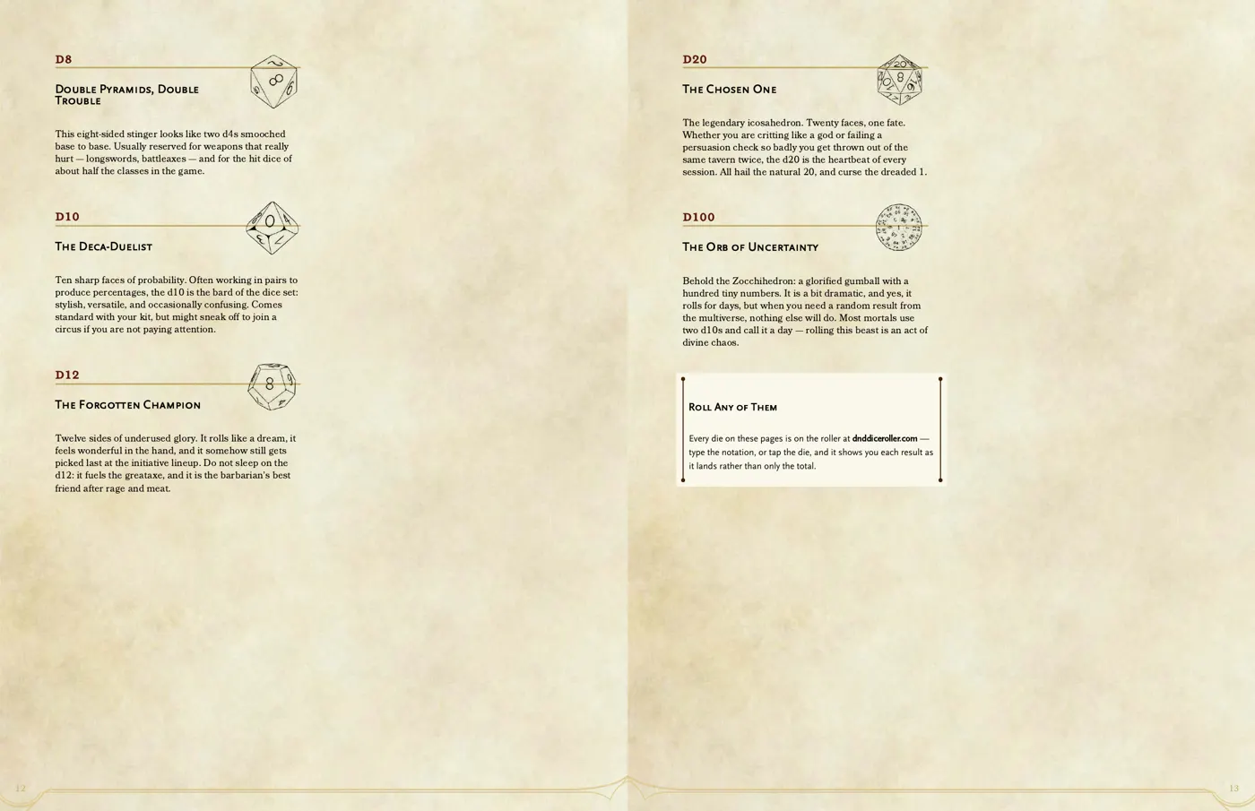 Two pages of The Dice: the d8, d10 and d12, then the d20 and the d100, each with its line drawing