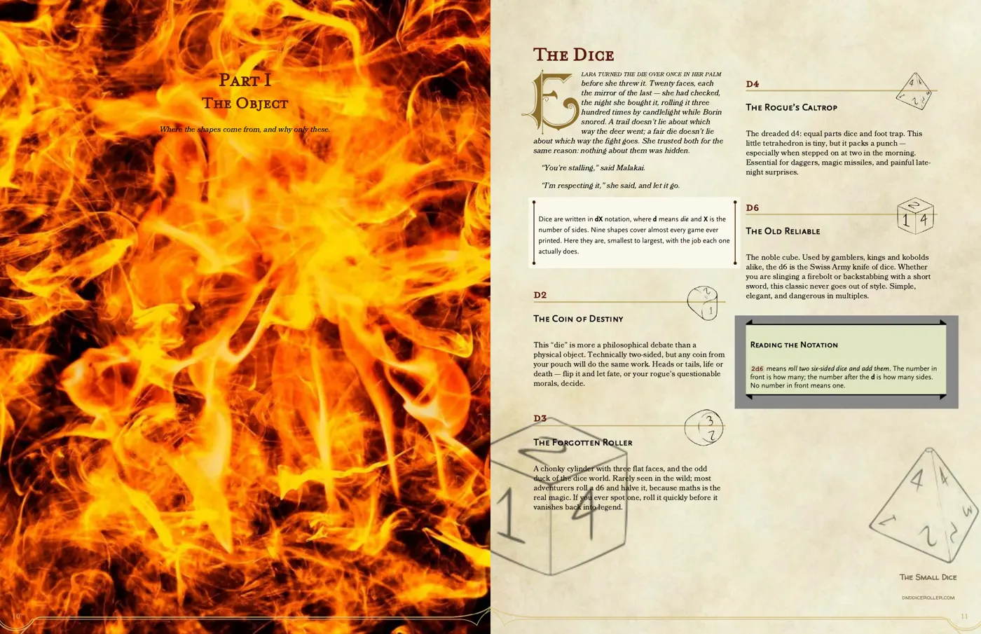 The painted fire divider for Part I, The Object, beside the first page of The Dice with a drop cap