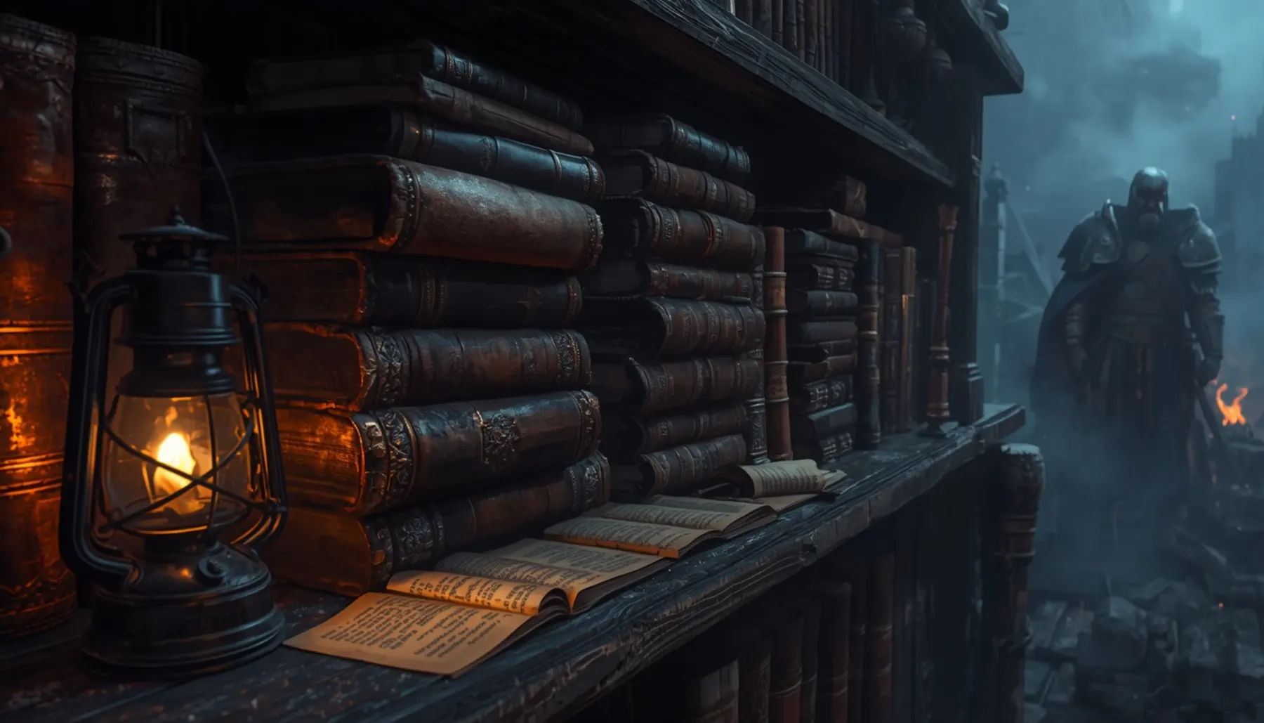 A lantern glows on a dark shelf of leather-bound books while an armoured knight waits in the mist