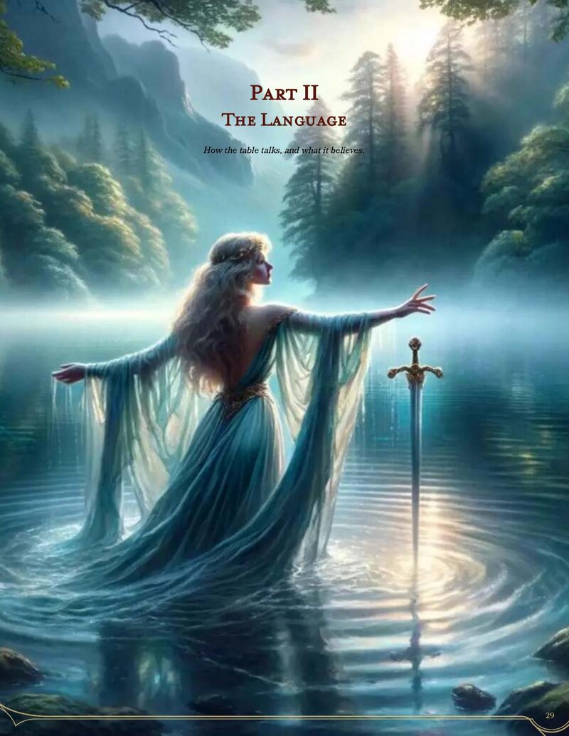 Part II divider from the book: The Language, a figure at the water’s edge with a sword