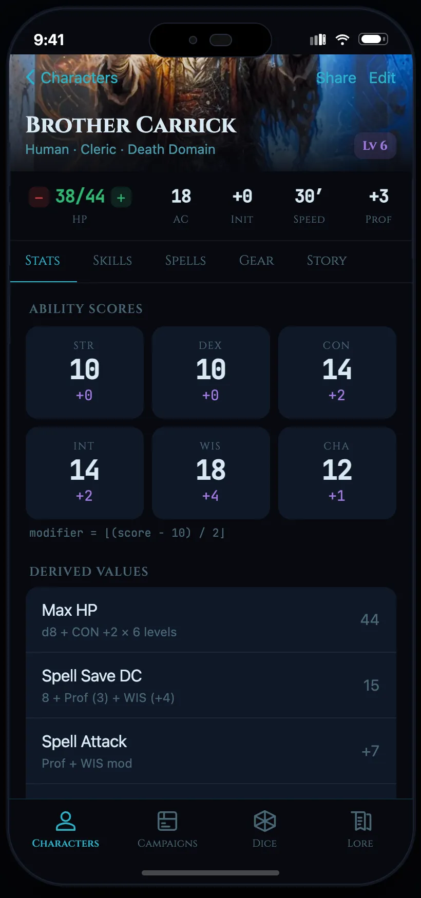 The app on a phone: Brother Carrick, a level 6 Human Cleric, with hit points, armour class, ability scores and the tab bar