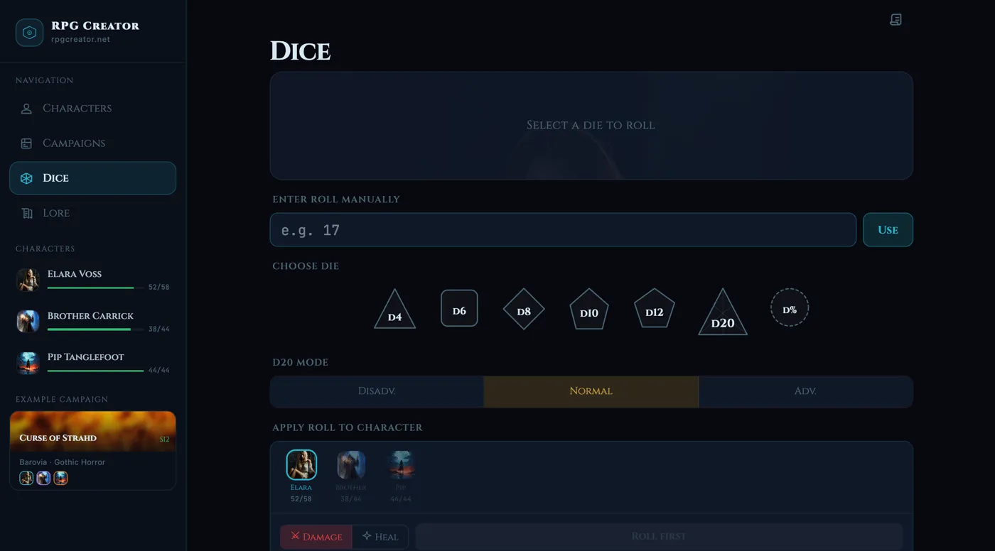 The Dice screen: d4 to d20 and percentile, a d20 mode switch, and apply-to-character buttons for damage and healing