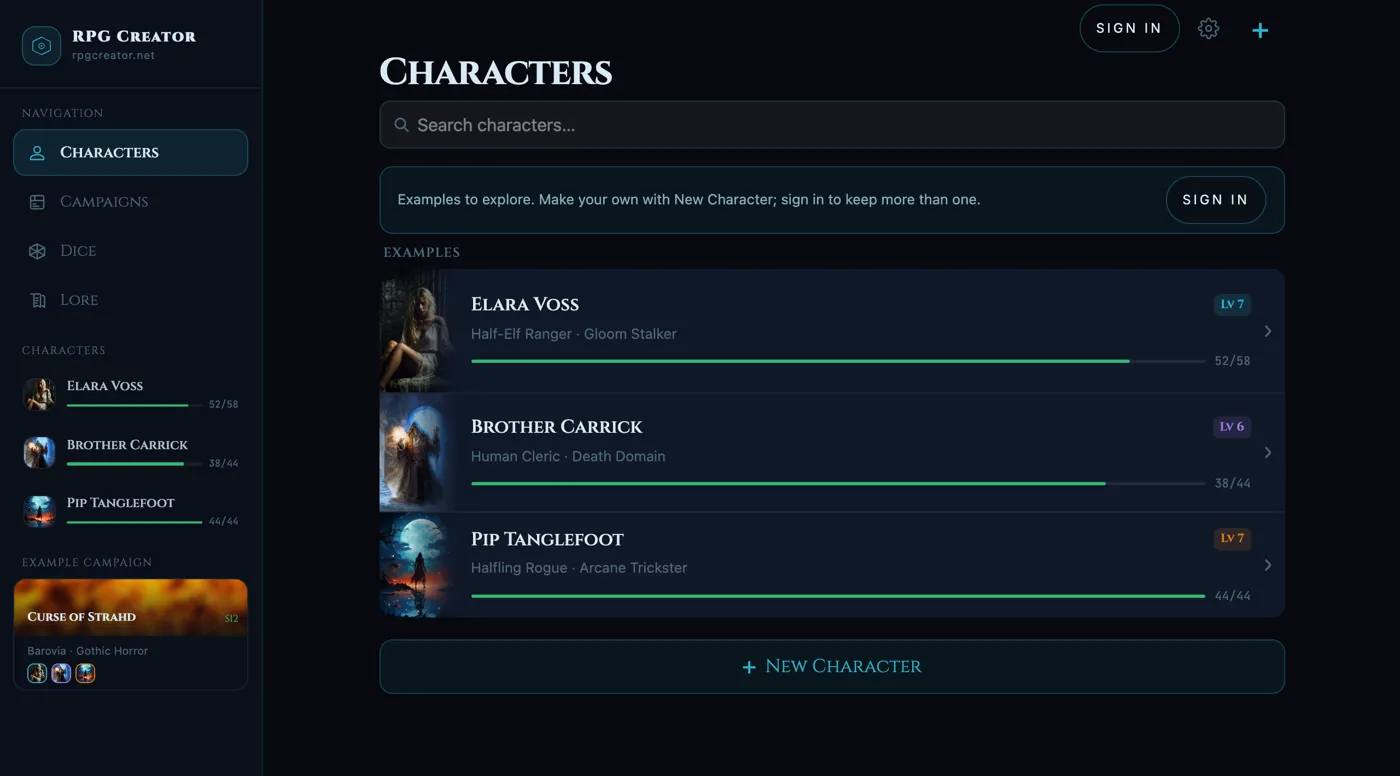 The app in a browser: the Characters screen with three example heroes and the Curse of Strahd campaign in the sidebar