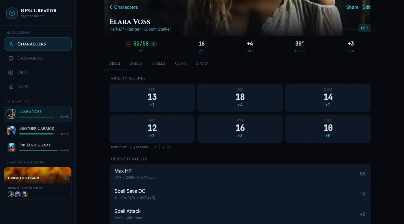 Elara Voss, level 7 Ranger: ability scores with modifiers, max HP, spell save DC and spell attack, each showing its formula