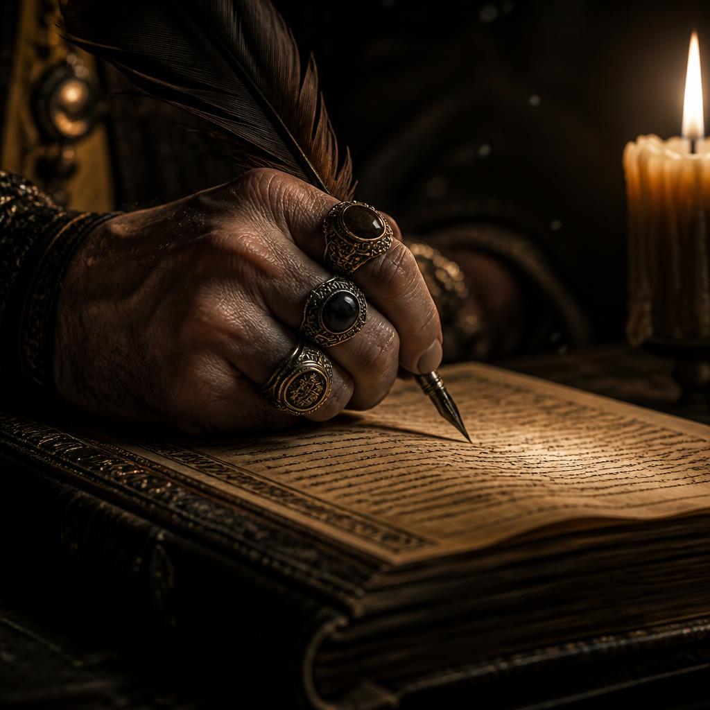 A ringed hand writing with a quill in a leather-bound book by candlelight